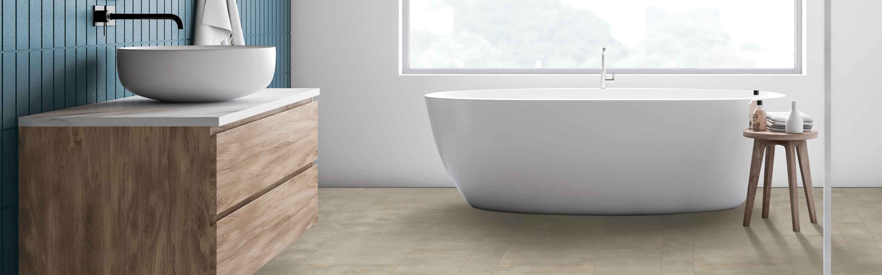 VInyl tile flooring in bath with traditional tub and window 