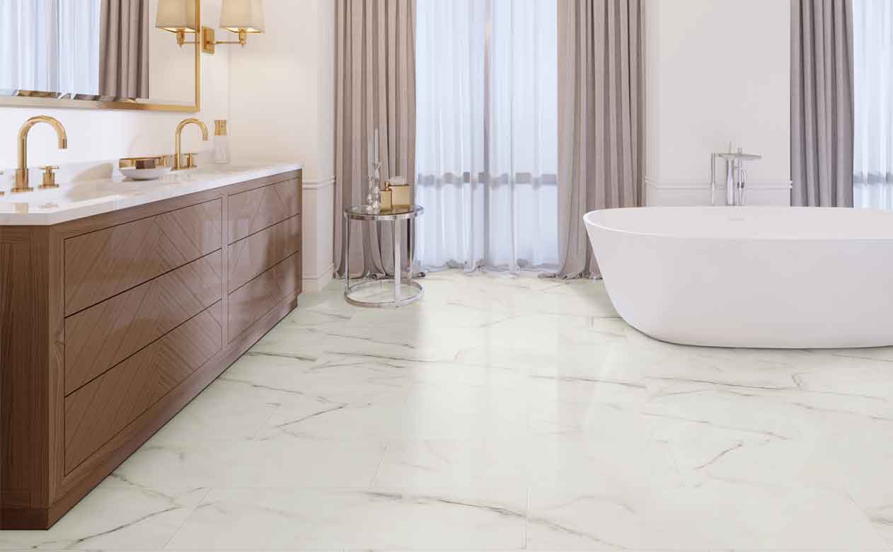 White marble look vinyl tile in bathroom. 
