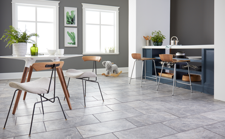  grey tile flooring in kitchen and dining room